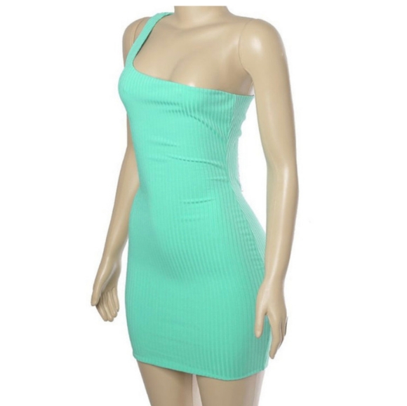 Mint Green One Shoulder Mini Ribbed Dress - Picture 2 of 4